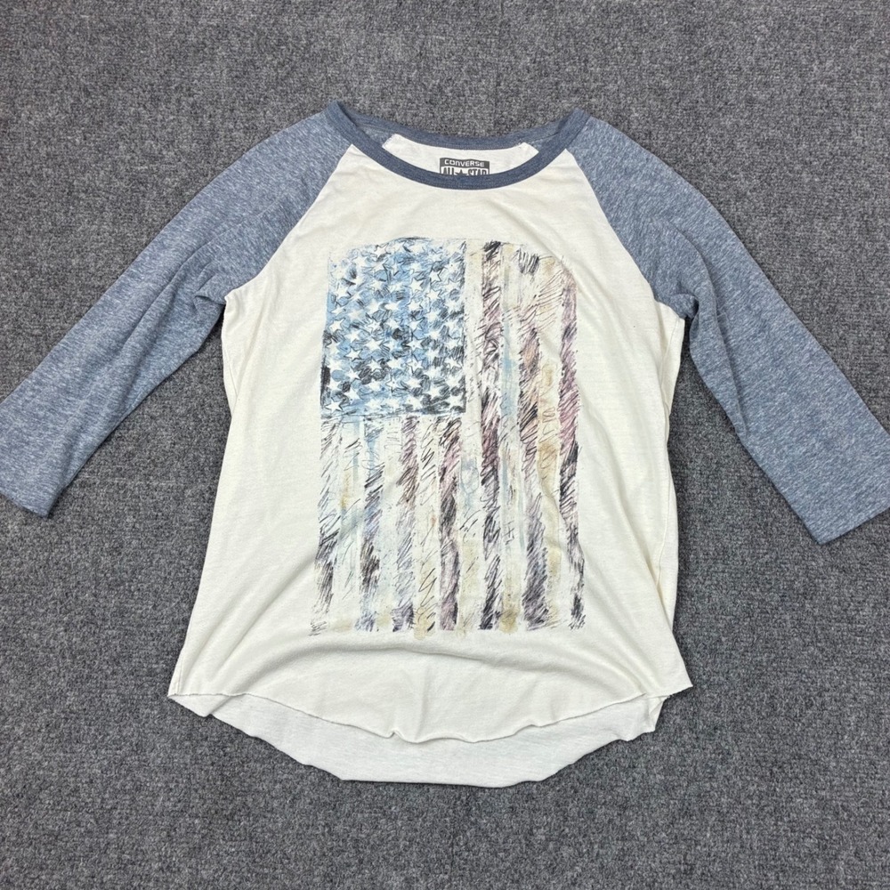 Converse All Star American Flag Raglan Baseball Tee Blue Cream Mens Medium